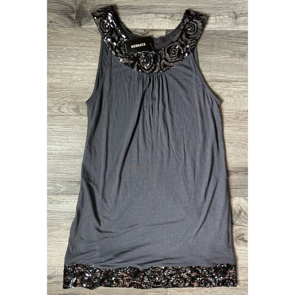 EXPRESS Charcoal Gray Sequin Trimmed Cotton Tunic Mini Dress Size S Side Pockets